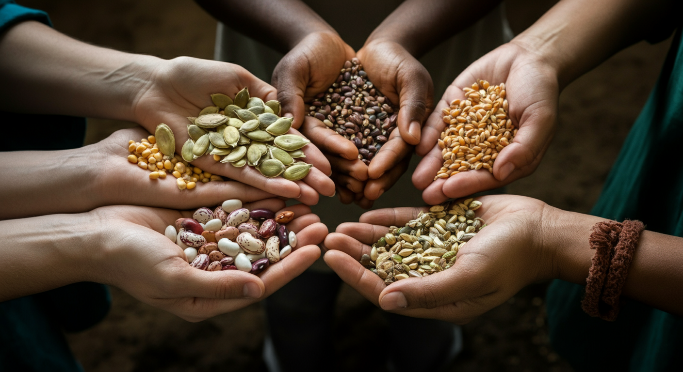 Hands holding diverse heirloom seeds